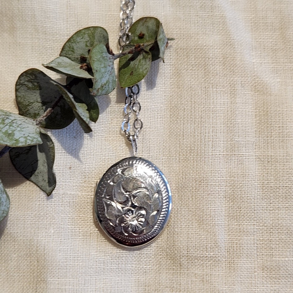 Sterling silver oval engraved locket and chain