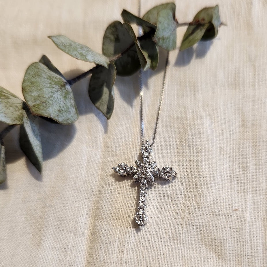 14k white gold box link chain and silver cubic set cross