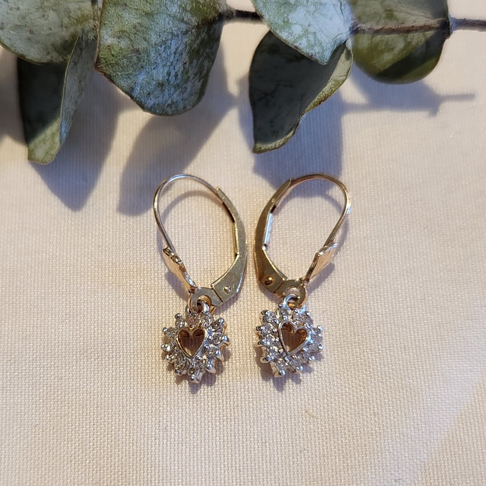 10k yellow gold diamond heart drop earrings