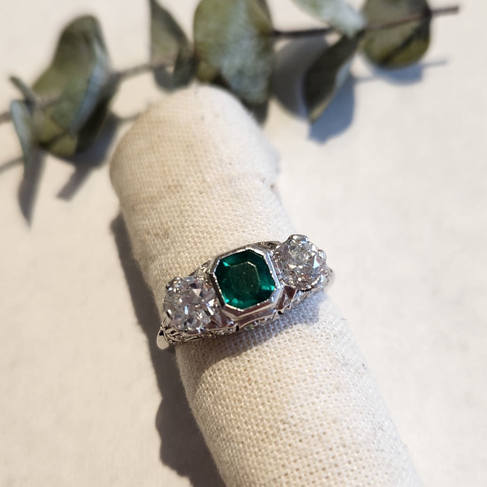 Platinum emerald and diamond Art Deco trinity ring, circa 1930