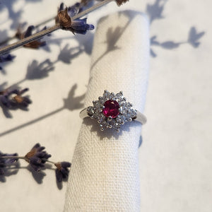 14k white gold ruby and diamond cluster Ring