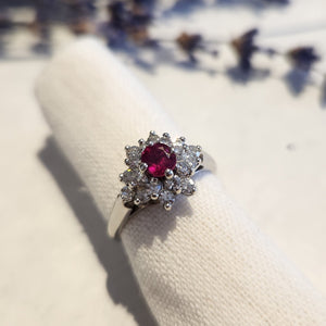 14k white gold ruby and diamond cluster Ring