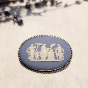 Sterling silver large oval blue and white Wedgewood cameo brooch, circa 1960