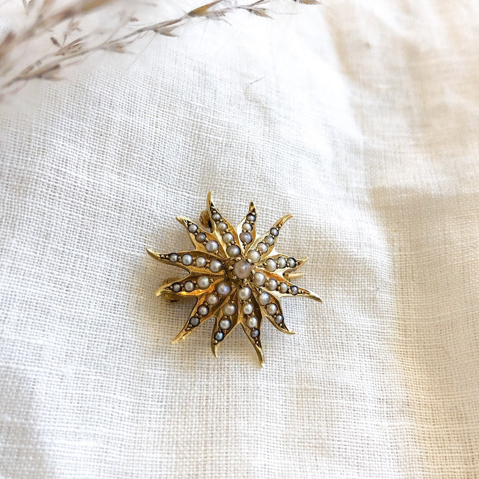 Antique 14k Yellow gold seed pearl sunburst pin pendant circa 1900