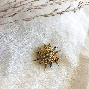 Antique 14k Yellow gold seed pearl sunburst pin pendant circa 1900
