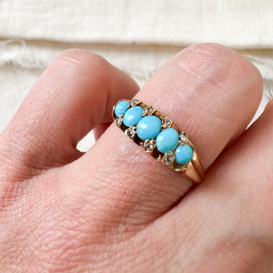 Antique 14k yellow gold turquoise and diamond 5 stone ring