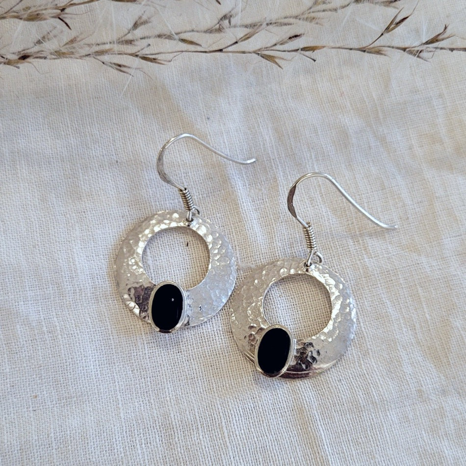 Sterling silver black onyx hammered circular drop earrings