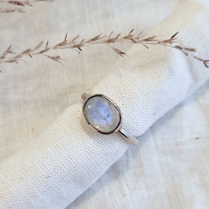 Sterling silver oval faceted cut rainbow moonstone ring