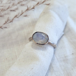 Sterling silver oval faceted cut rainbow moonstone ring