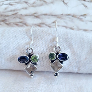 Sterling silver faceted gem 3 mixed cut drop earrings