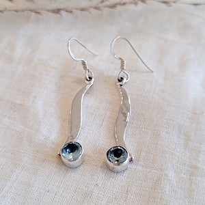 Sterling silver faceted gem set curved bar drop earrings