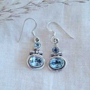 Sterling silver faceted gem set twin stone drop earrings