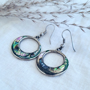 Sterling silver circle abalone shell inlay drop earrings