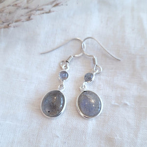 Sterling silver bezel set large plain 2 stone drop earrings