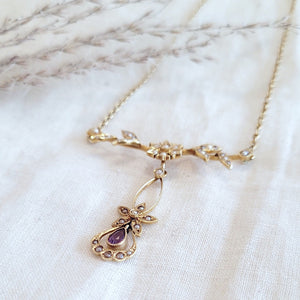 Antique 14k yellow gold seed pearl and amethyst lavaliere necklace