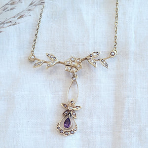 Antique 14k yellow gold seed pearl and amethyst lavaliere necklace