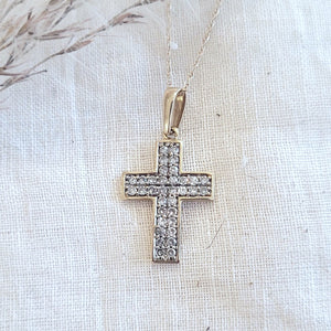 10k yellow and white gold diamond set cross pendant and chain
