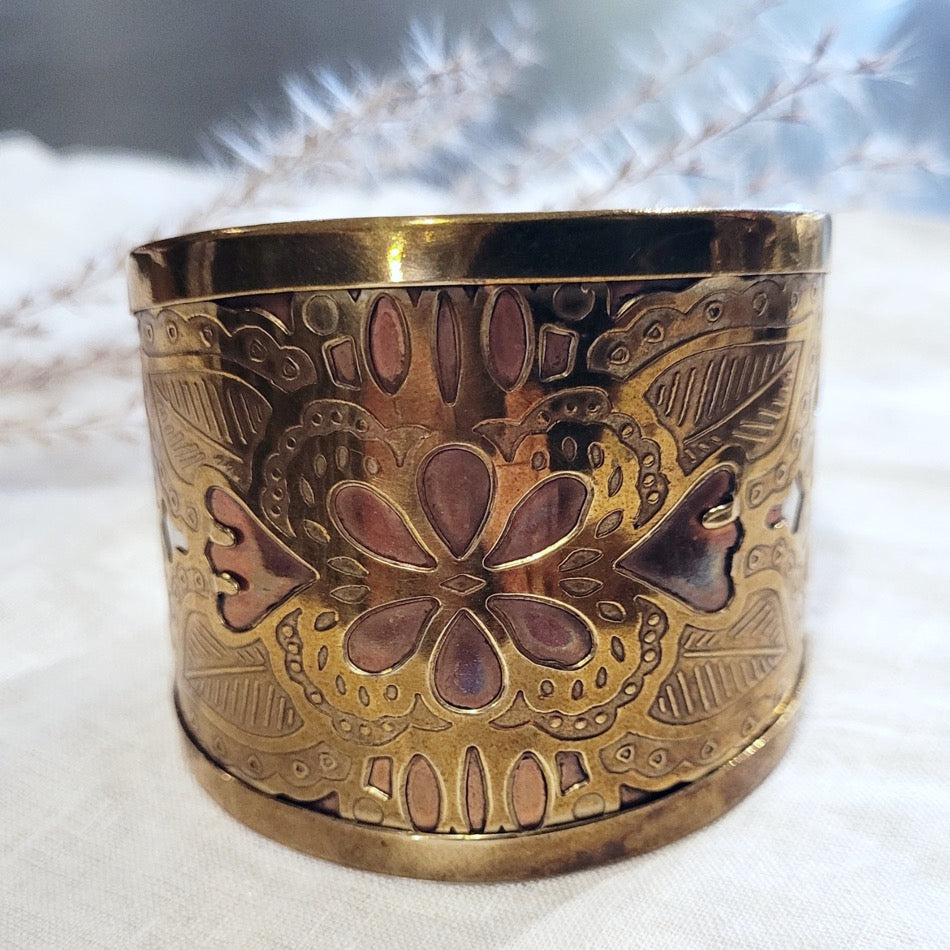 Brass and copper overlay cuff bracelet