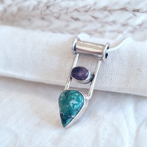 Sterling silver bezel set cabochon turquoise and amethyst  pendant