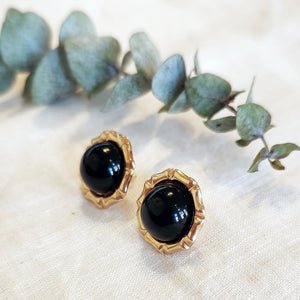 14k yellow gold black onyx bamboo edge stud earrings