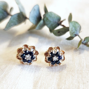 14k yellow and white gold sapphire and diamond cluster stud earrings