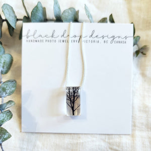 Black Drop Designs tiny tree rectangular necklace