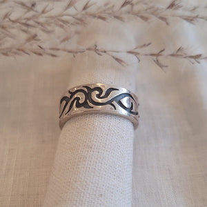 Sterling Silver oxidized scroll  and fish pattern band