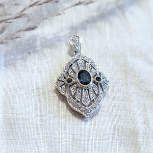 14k white gold sapphire and diamond Art Deco style pendant