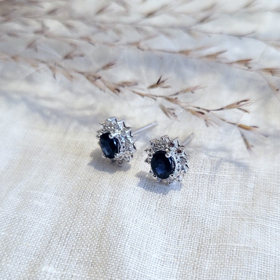 14k white gold sapphire and diamond set cluster stud earrings