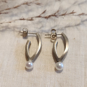 Sterling silver brushed stud hoop freshwater pearl earrings