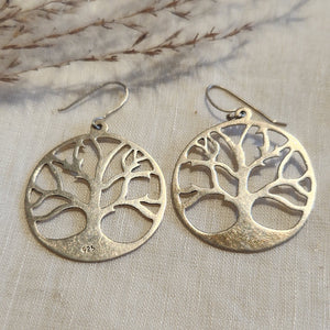 Sterling silver tree of life circle drop earrings