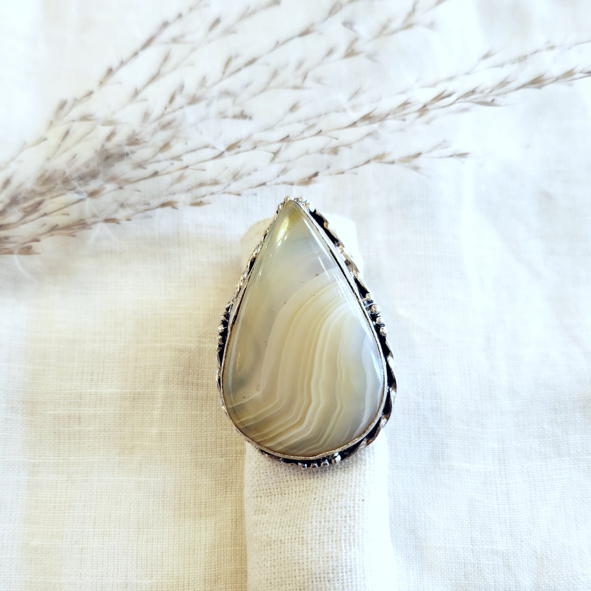Sterling pear shape banded agate ring