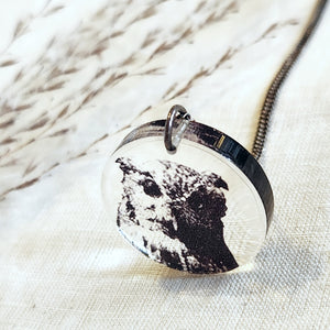 Black Drop Designs round owl necklace