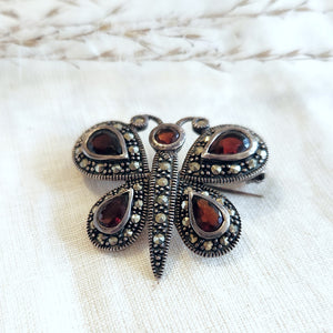 Sterling silver garnet and marcasite butterfly brooch