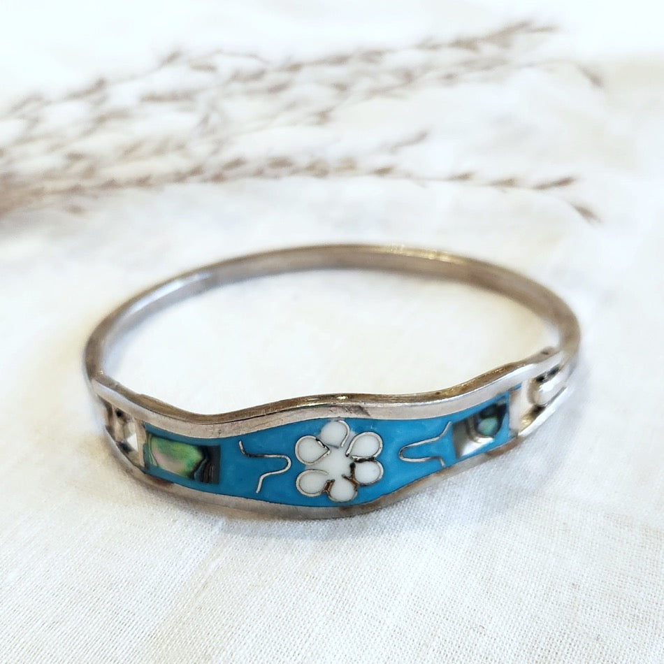 Sterling silver turquoise and mother of pearl inlay bangle bracelet