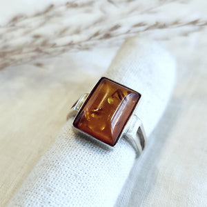 Sterling silver rectangular amber ring