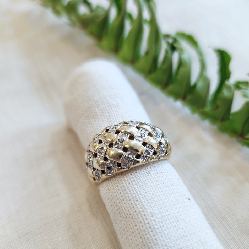 14k yellow gold diamond textured domed basket weave ring