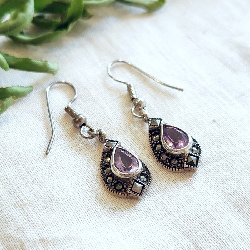 Sterling silver amethyst and marcasite drop earrings