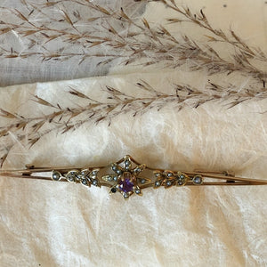Antique 14k yellow gold amethyst and seed pearl bar pin circa 1920