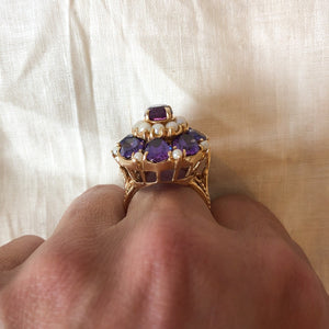 14k yellow gold amethyst and pearl cluster ring