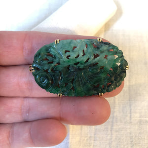 14k yellow gold pierced floral jadeite brooch pendant