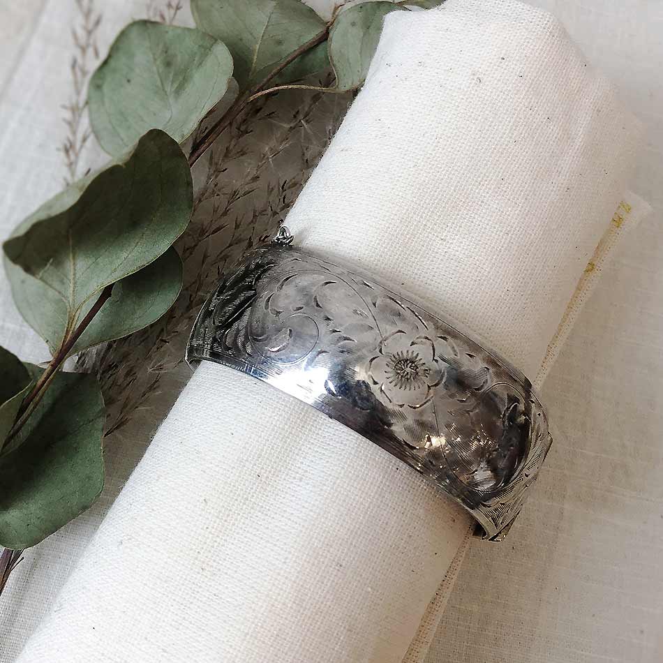 Sterling Silver engraved floral and scroll bangle bracelet