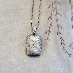 Sterling silver rectangular engraved locket and chain