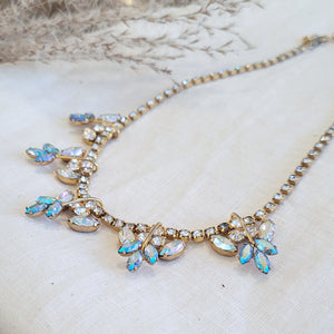 Costume clear and blue aurora borealis navette rhinestone necklace