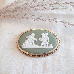Gold filled large oval green and white Wedgewood cameo brooch, circa 1960