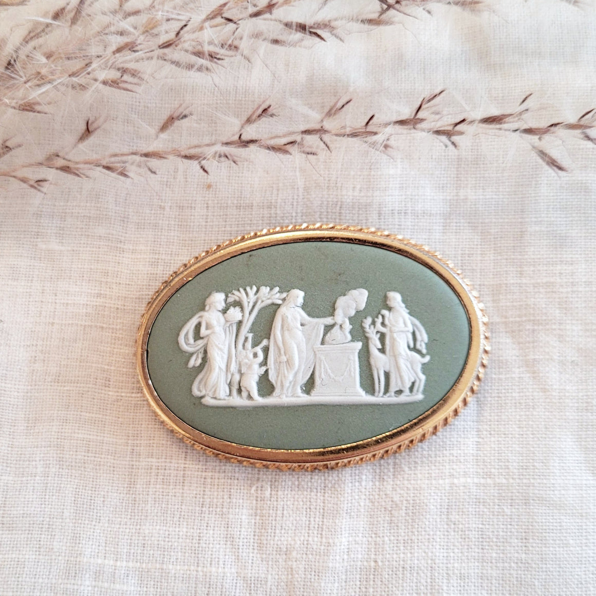 Gold filled medium  green and white Wedgewood cameo brooch, circa 1960