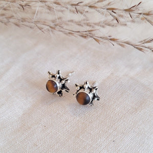 Sterling silver bezel set cabochon sunburst stud earrings