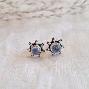 Sterling silver bezel set cabochon sunburst stud earrings