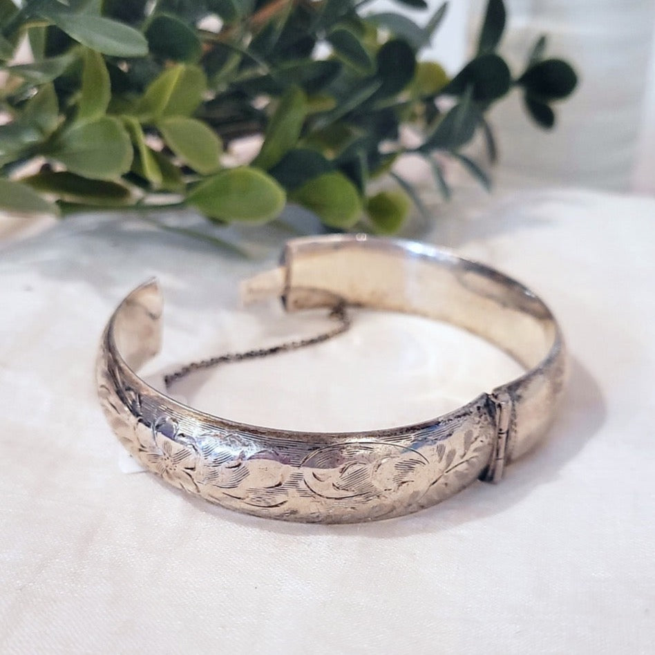 Sterling Silver engraved floral and scroll bangle bracelet, circa